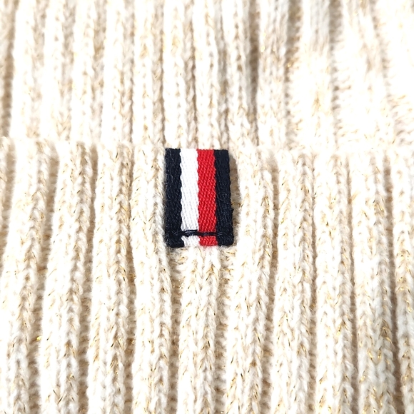 NWT Tommy Hilfiger Pom Pom Lined Beanie Cream Gold Metallic One Size Hat - Picture 3 of 10